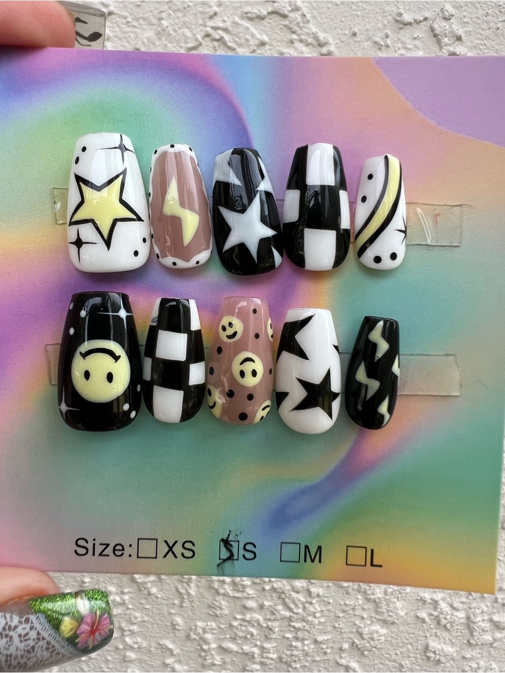 Handmade Press On Nails Black White Checkers Smileys Size Small Set of 10